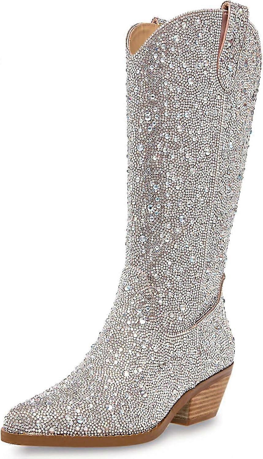 Women's Rhinest Knee-high Pointed Toe B Heel Pull-on Sparkly Wedding With Side Zipper