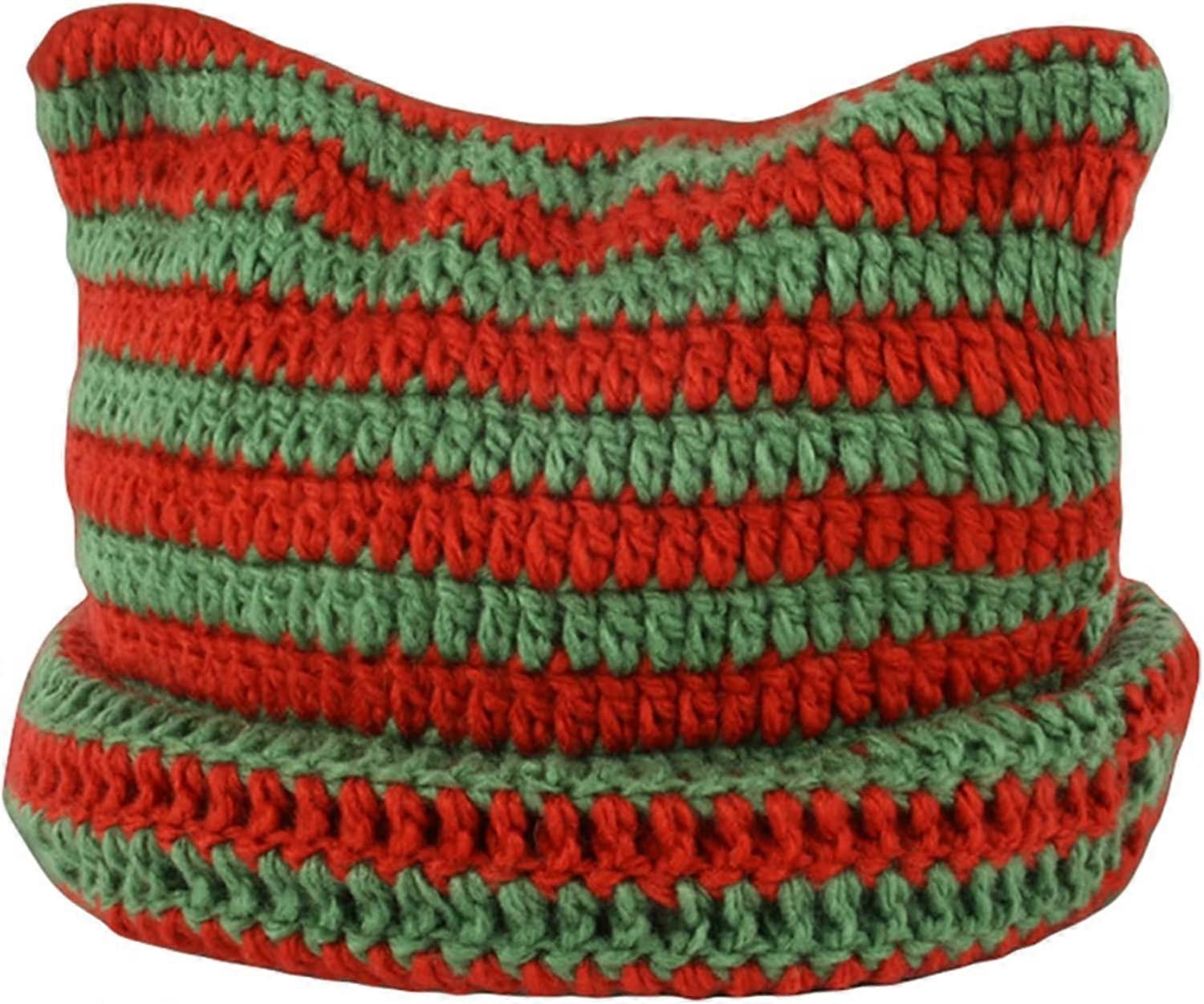 Women Winter Knit Warm Slouchy Beanie Hat with Cat Ears Striped Cuffed Skull Cap Warm Ski Hat
