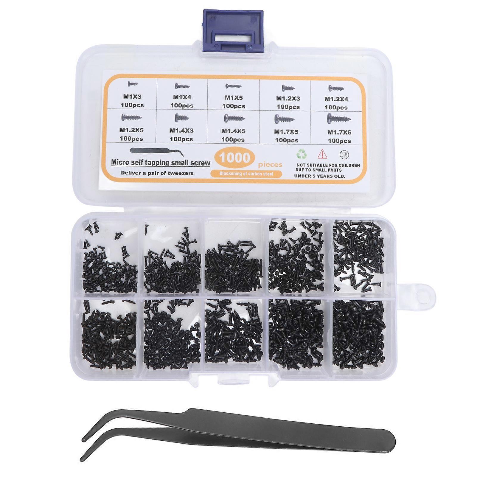 1000Pcs Self Tapping Small Screws Assortment M1 M1.2 M1.4 M1.7 Black Pan Head with Tweezers