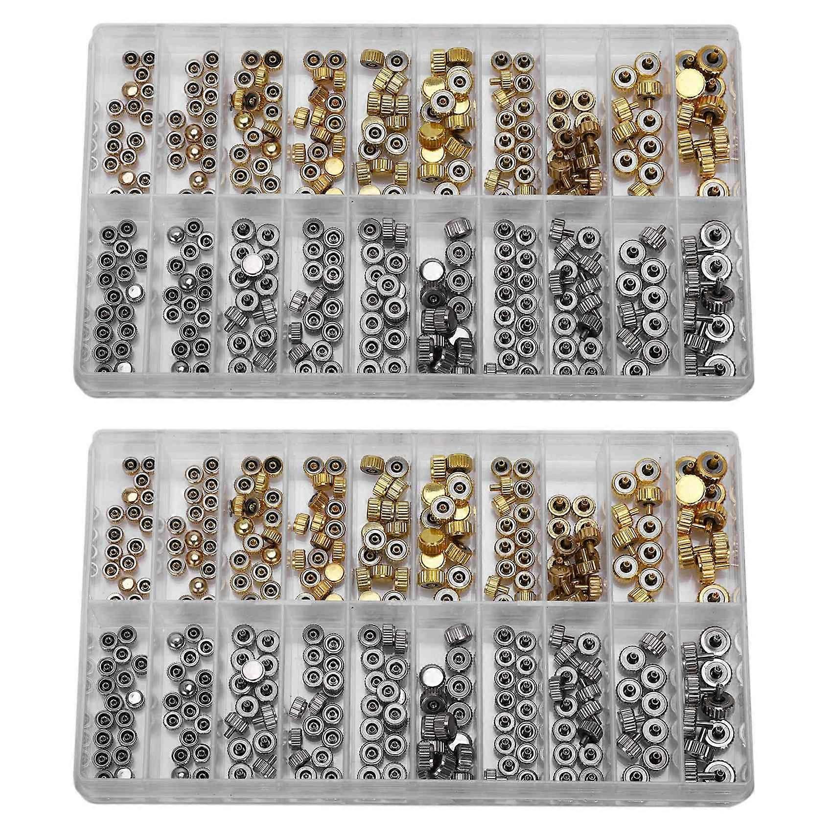 2X Waterproof Watch Crown Parts Replacement Assorted Gold & Silver Dome Flat Head Watch Repair Tool