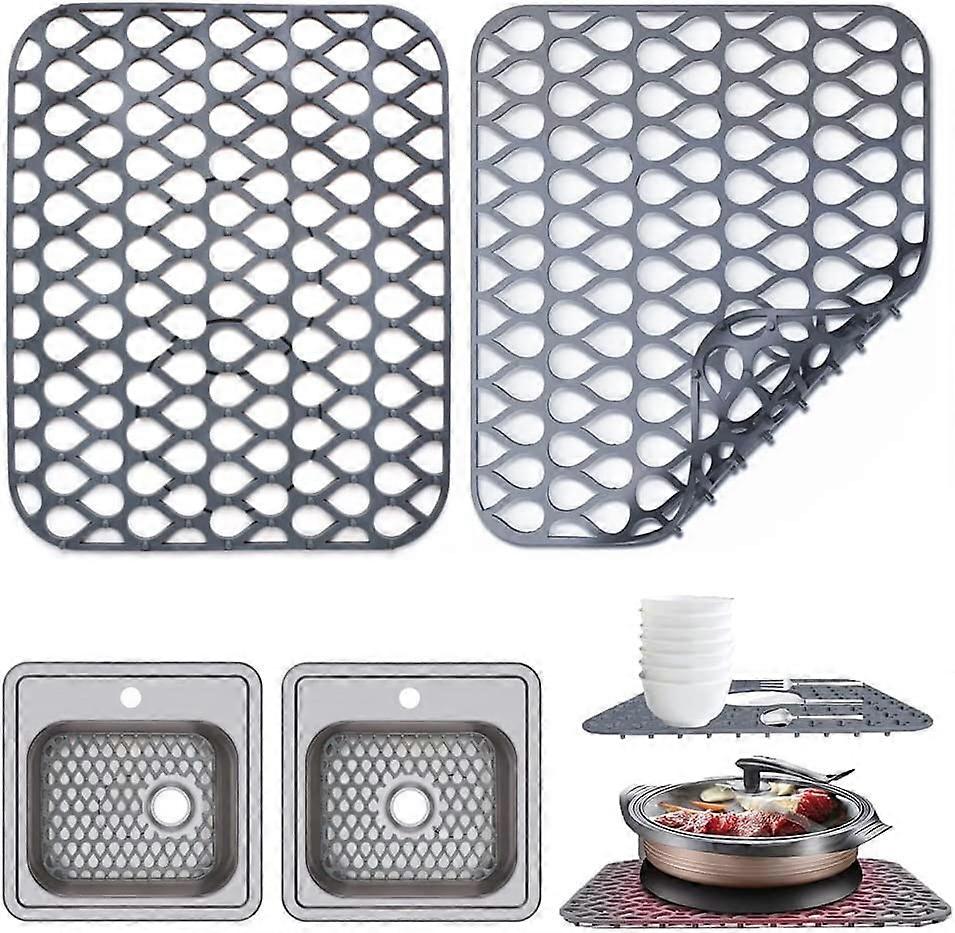 Set of 2 silicone sink mats - Dimensions: 35 x 29 cm - With drain openings - Grey