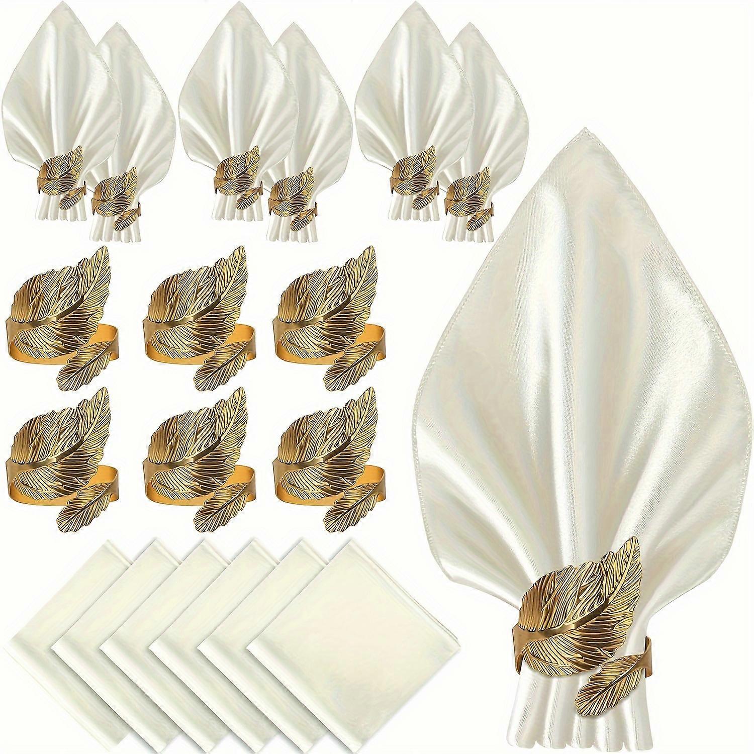 12pcs, Dining Table Decor Set, Solid Color Soft Square Napkins, Golden Napkin Rings, Leaf Shape Solid Color Napkin Buckle, Cast Iron Polished Metal Ri