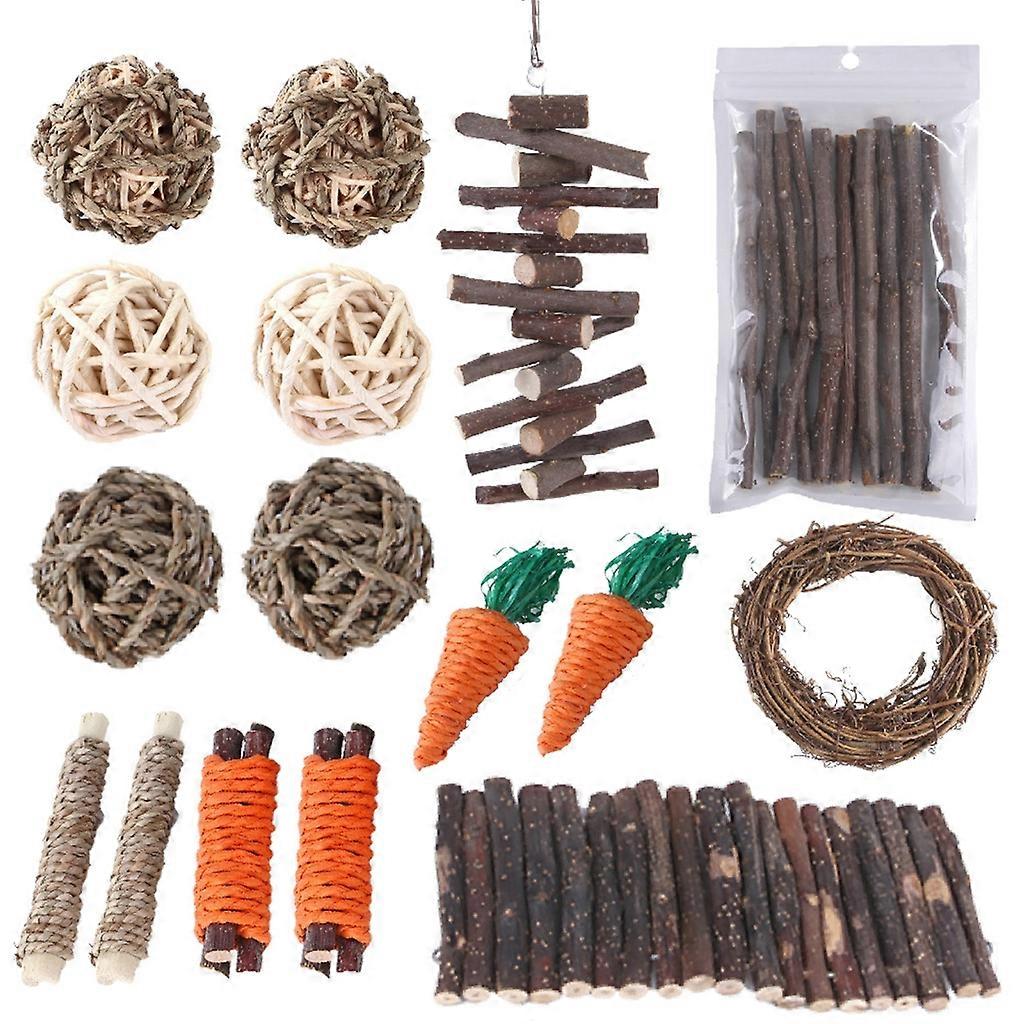 25Pcs Bunny Chew Toy Grass Balls Wood Sticks for Rabbit Guinea Pigs Teething