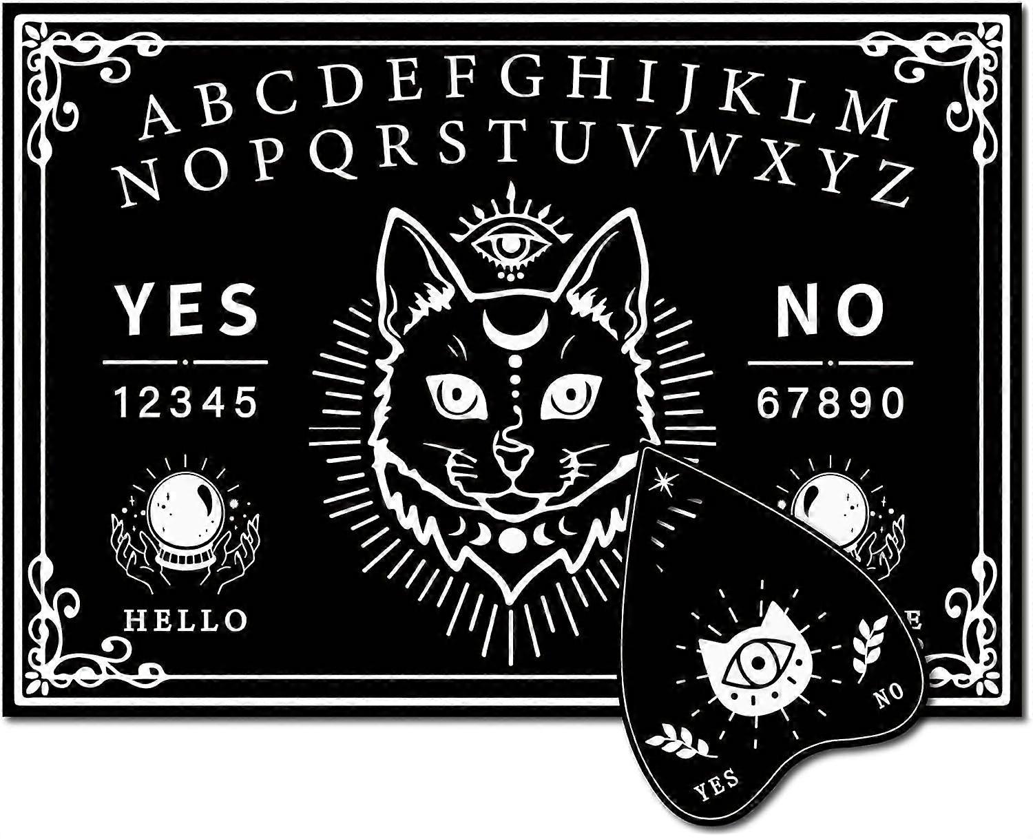 Printed Wood Pendulum Dowsing Divination Board Set Rectangle Talking Board with Planchette Cat Shape 11.2~30x9~21x0.5cm 2pcs/set