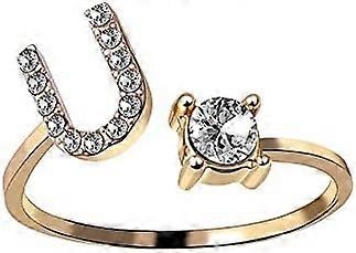 26 kirjaimen sormukset naisille - timanttistrassi nastoitettu zirkoniumoksidi avoimet säädettävät sormukset korujen lisävarustelahjat (U, säädä)