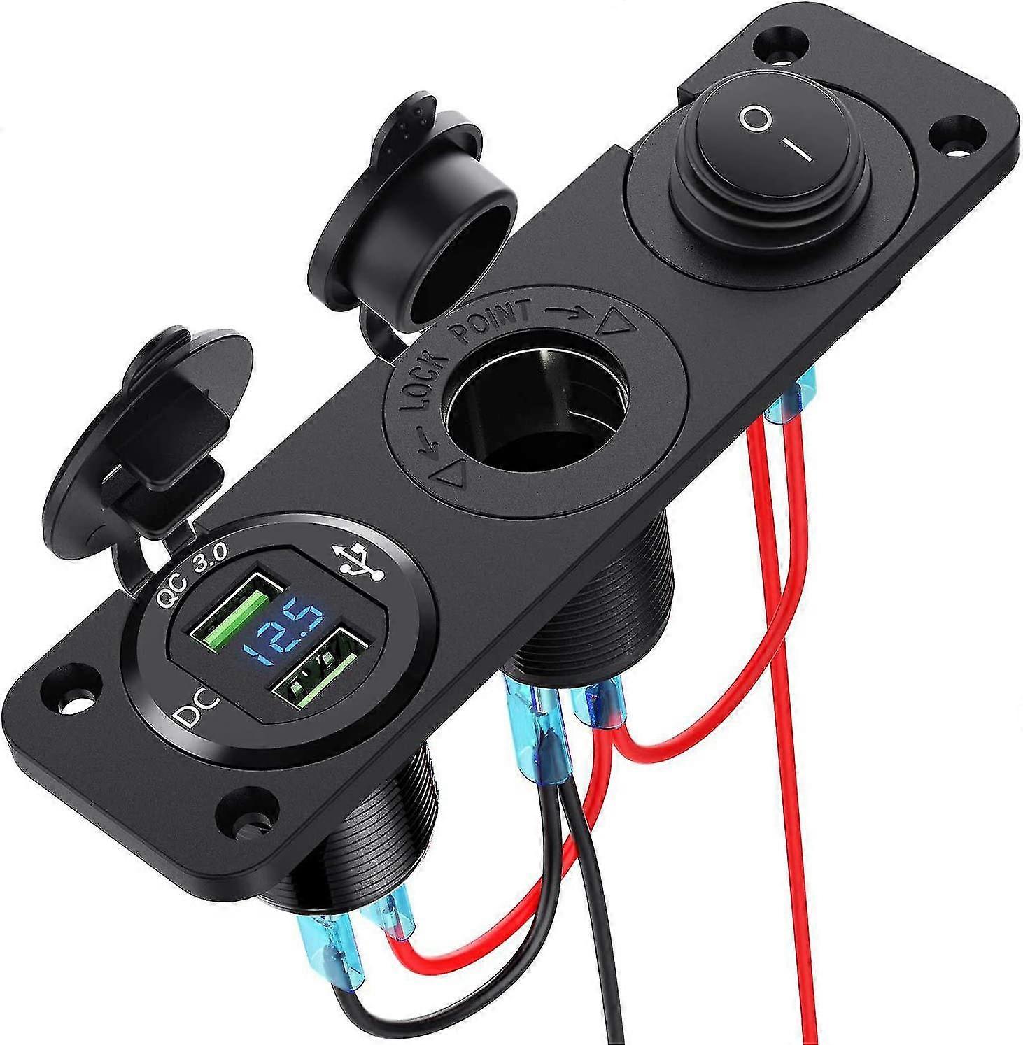 Car Charger With 12 V Cigarette Lighter Socket, Dual Usb Charger And Led Voltmeter Suitable For Boat, Truck, Motorcycle