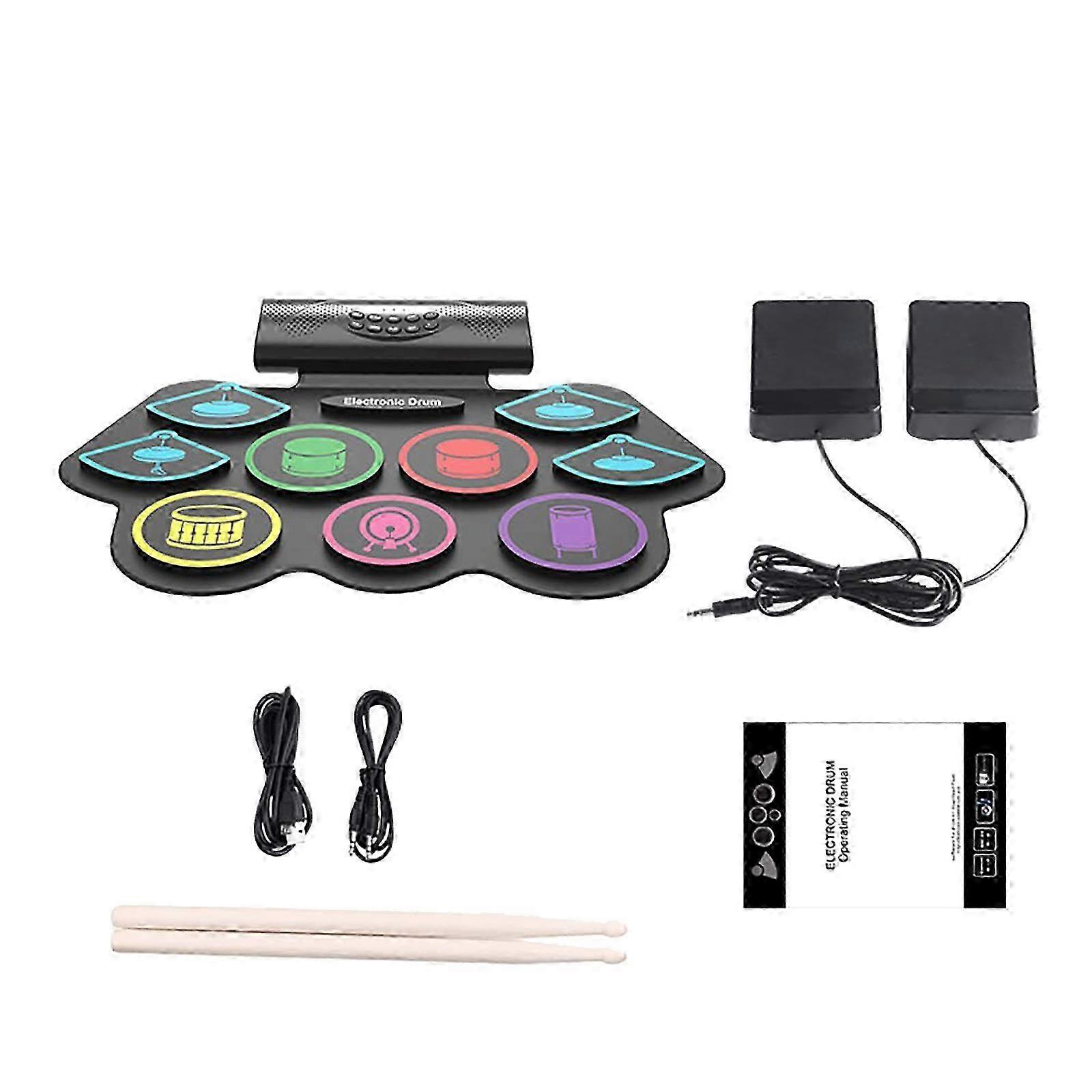 19x12.6in Electronic Roll Up Midi Drum Kit With Drumsticks Power Supply