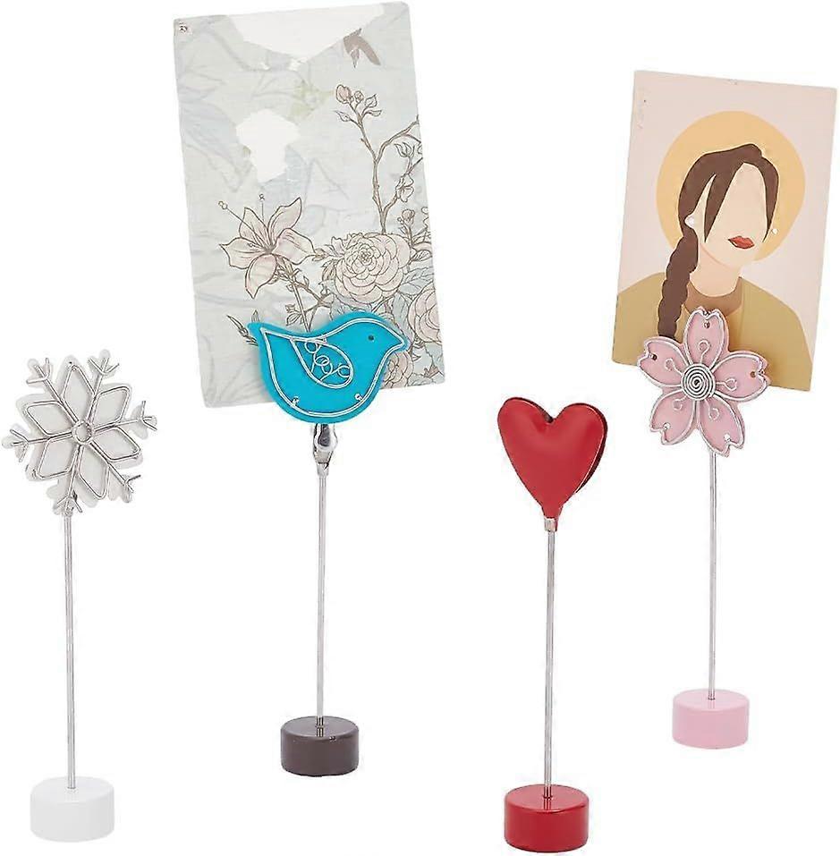 4 pcs Picture Holders for Table Bird/Flower/Heart/Snowflake Holder Stand Place Card Wedding Number Card for Christmas Party with Colorful Metal Base