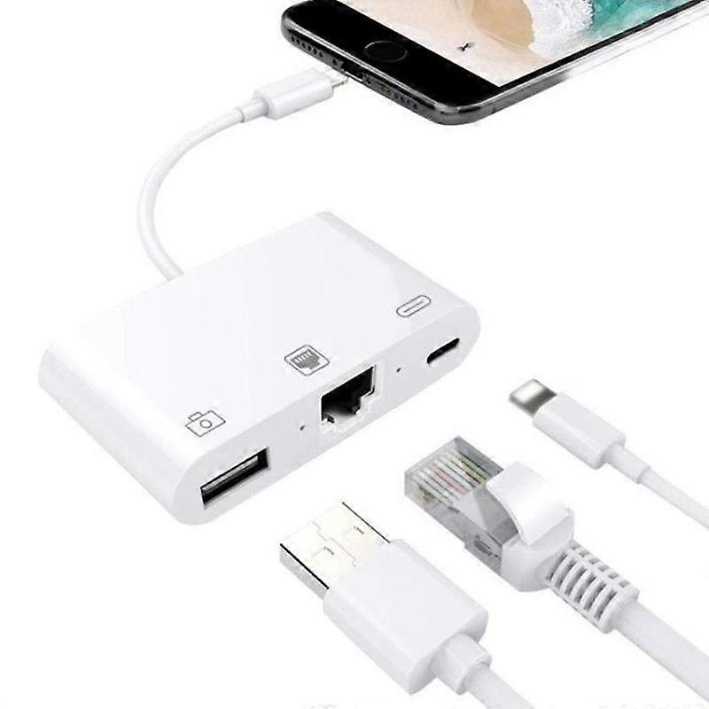 Lightning to RJ45 Ethernet Adapter LAN Adapter with LAN Network Cable USB Cable with Charging Port white