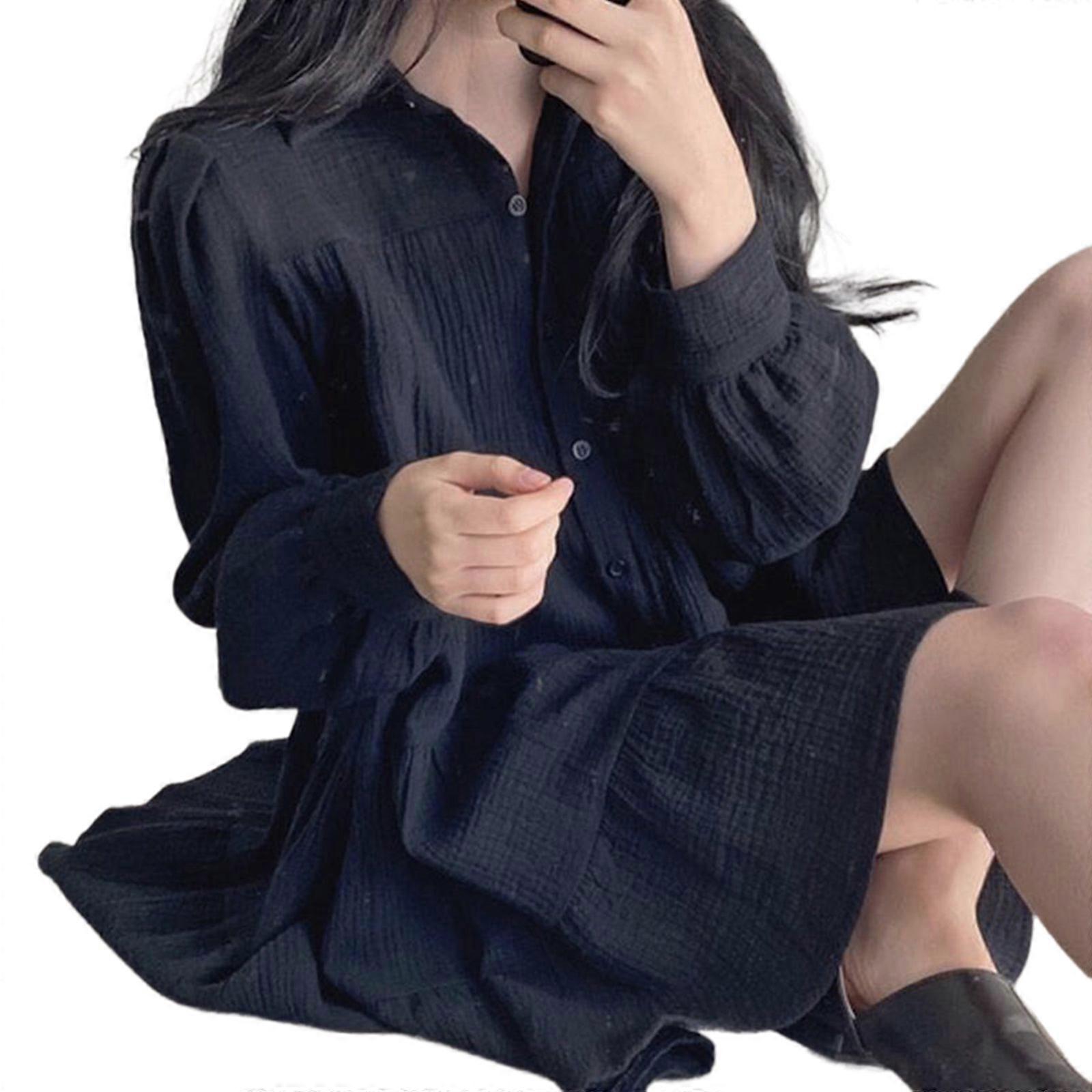 Women Puff Long Sleeve Button Up A Line Shirt Dress Solid Ruched Textured Tiered Ruffle Swing Babydoll Mini Dresses  Black XL