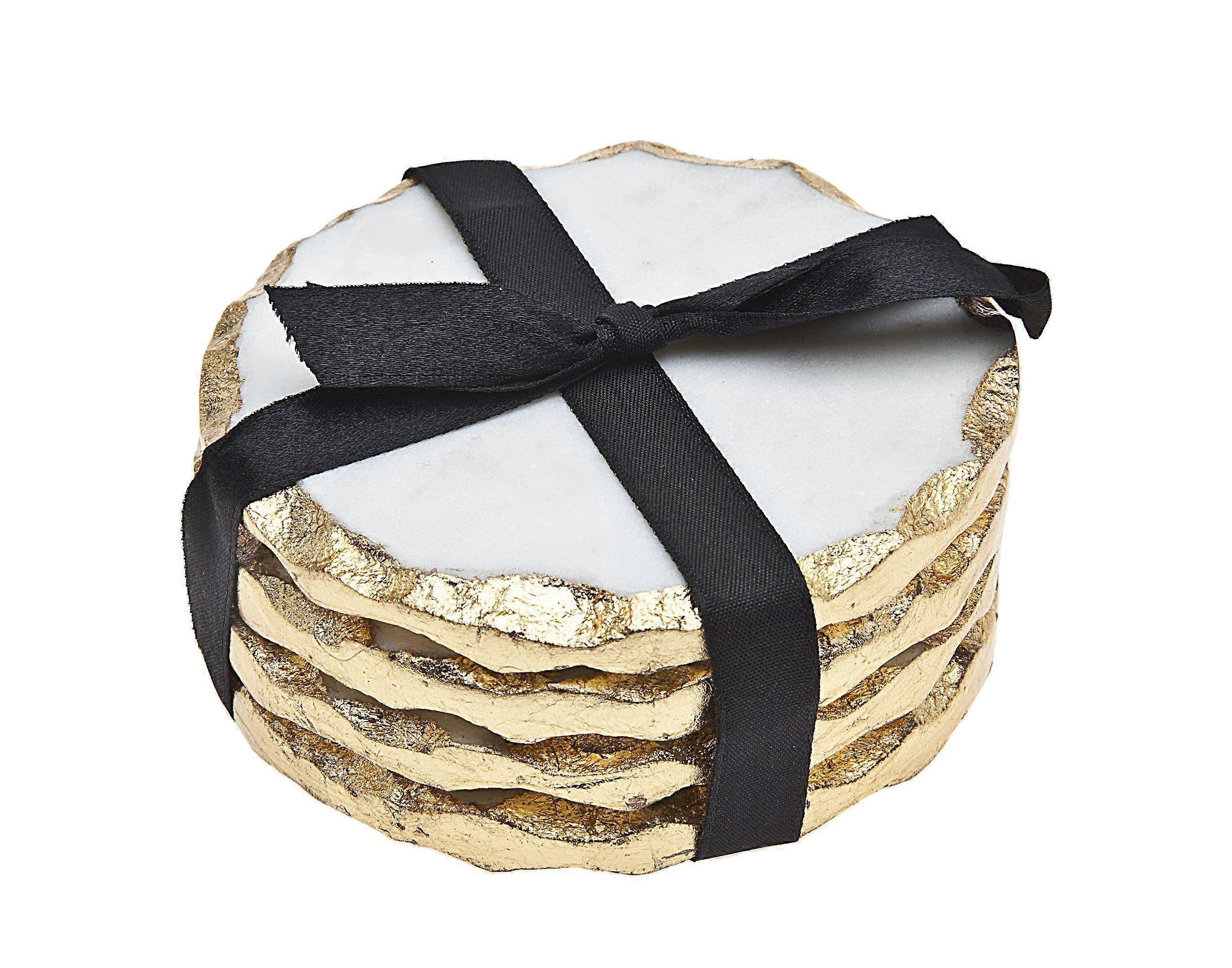 Gold Edge Marble Coaster Set of 4, Round Marble Table Coasters for Drink Protection, Durable and Stylish Design
