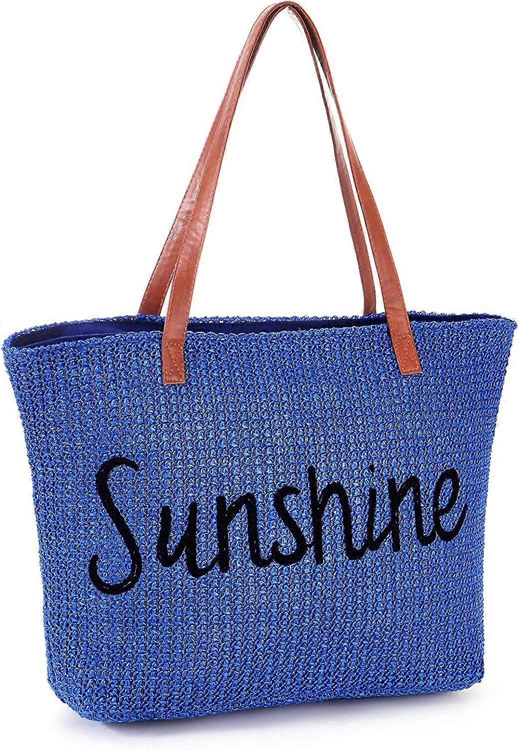 Stripe and Stitchwork Straw Tote Beach Bag with Zipper