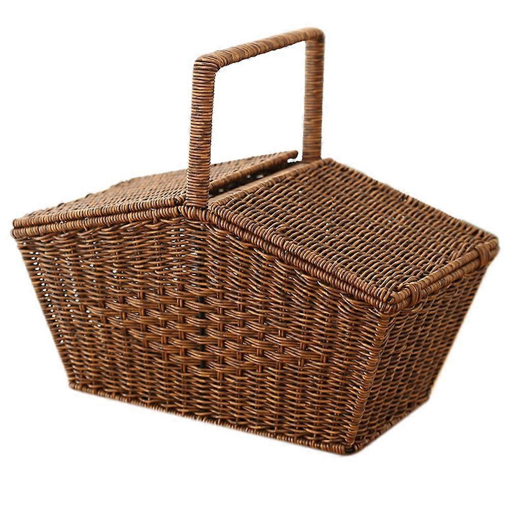 Pastoral Style Hand Basket with Lid Imitation Rattan Woven Picnic Basket Fruit Snacks Sundries Stor