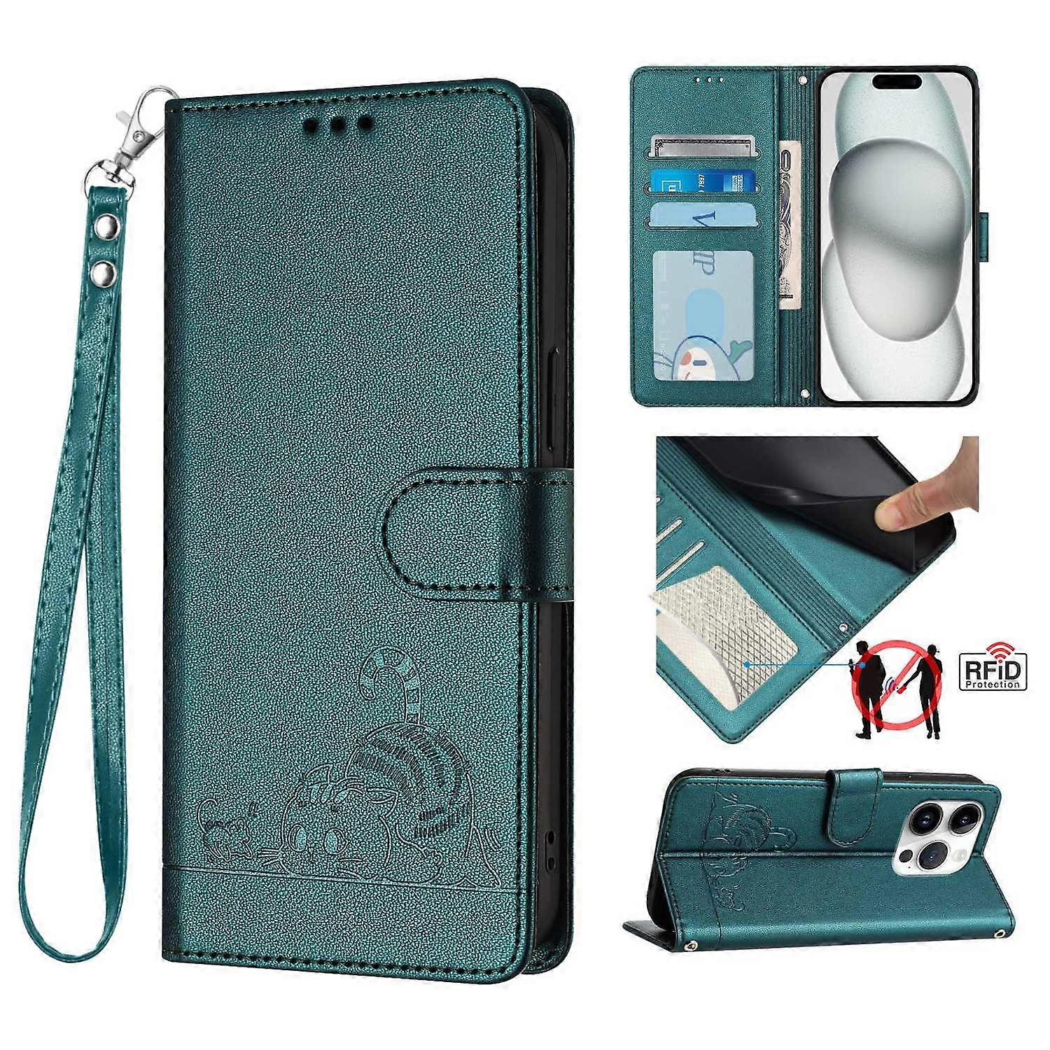 For iPhone 16 Pro Max Case with Strap RFID Blocking Leather Wallet Phone Cover Cat Mouse Pattern