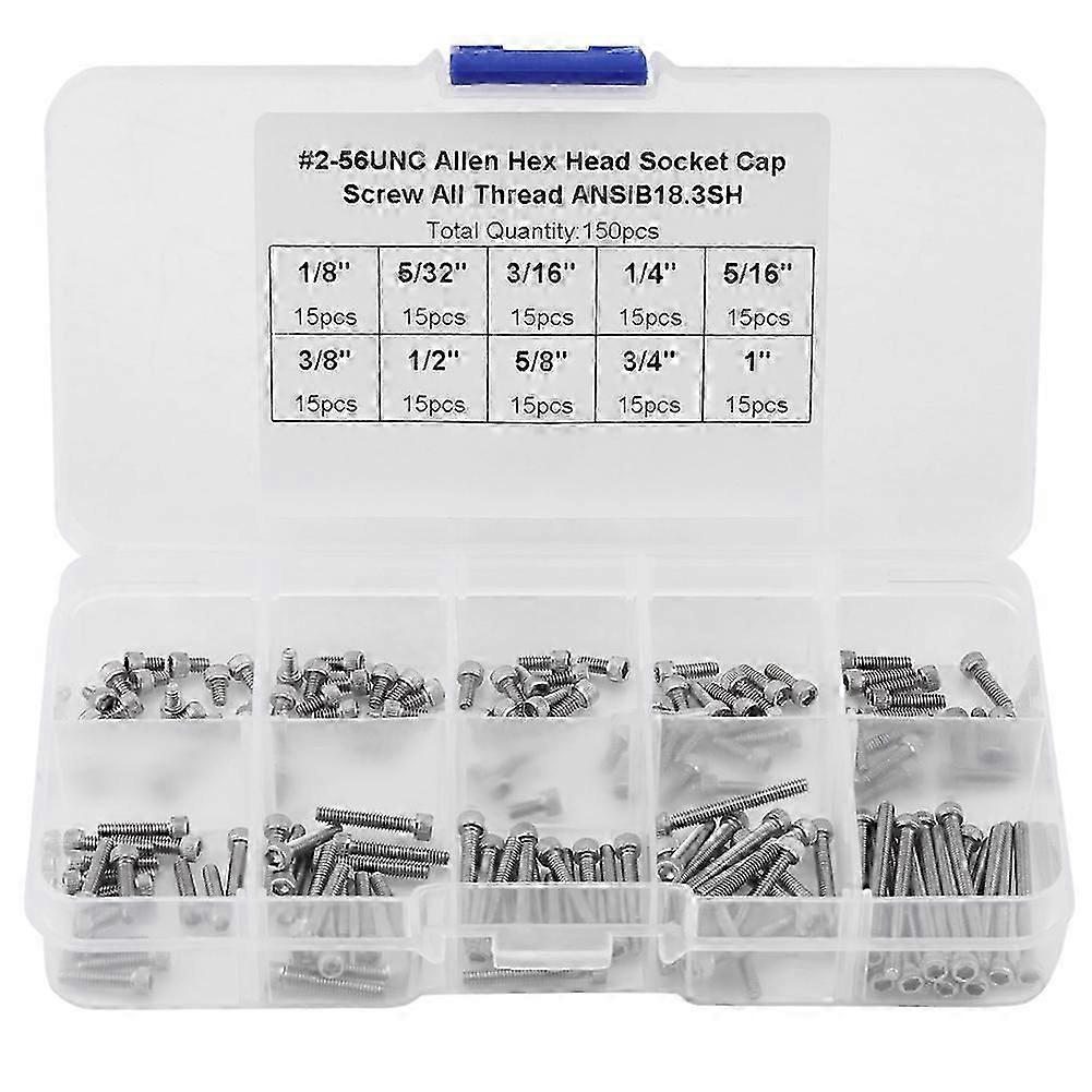 #2-56 UNC 150PCS Hex Socket Cap Head Screws Assortment Set, 9 Sizes with Plastic Box-GOOD