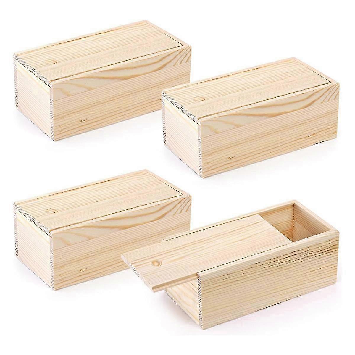4 Pack Unfinished Wood Storage Box with Slide Lid, Vintage Keepsake Case Cards Container Small Gift Box for Art Hobbies