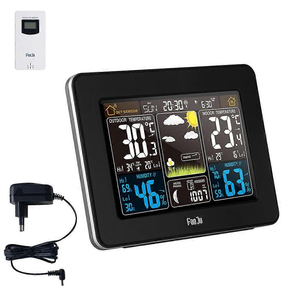 Multi-Function Electronic Alarm Clock, Color Screen, Weather Forecast Clock, Rf Wireless Weather Clock-Black-Eu Plug