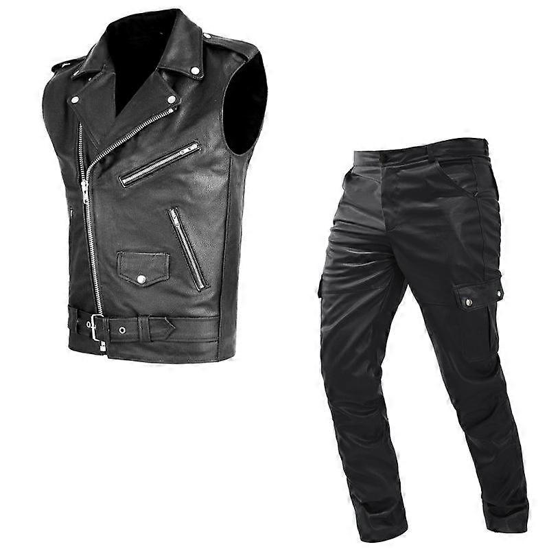 und Herren Motorradweste Set Lederjacke Lederhose Zweiteiliges Set PU Leder Casual Set Mittelalter Kleidung
