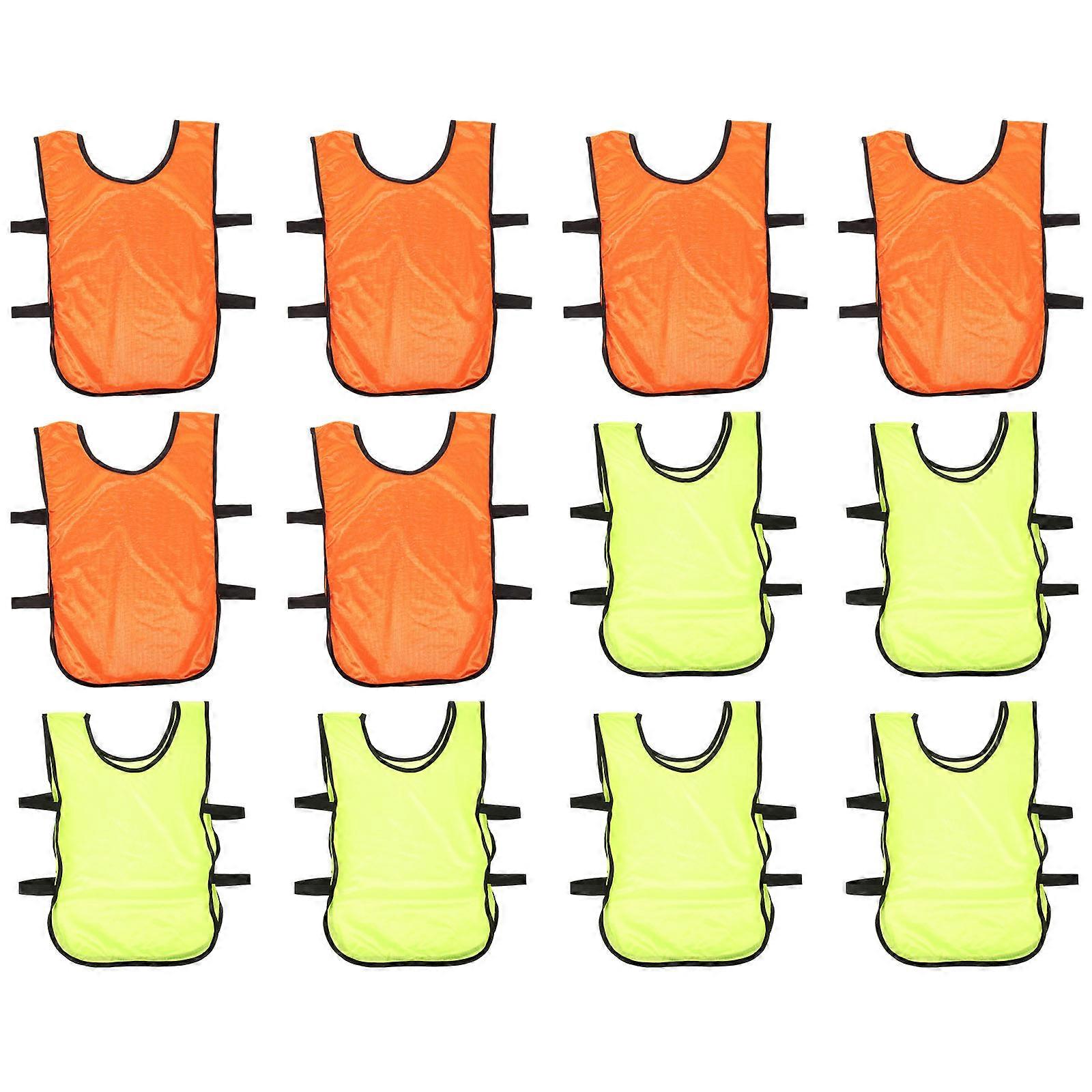 12 Pack Lightweight Breathable Soccer Training Vests, Quick Dry Mesh Pinnies with Open Sides, Fluorescent Green & Orange Sports Bibs for Football and