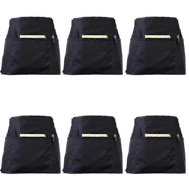 Pacote com 6 Aventais de Cintura Pretos com 3 Bolsos - Aventais de Servidor de 24x12 Polegadas