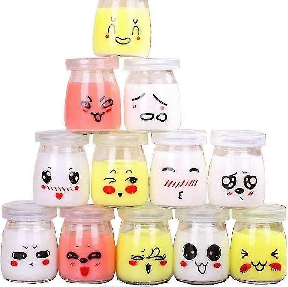 12 Glass Yogurt Jars with Lids, Various Emoticon Decor, Dessert Cream Jar Capacity 100 ML