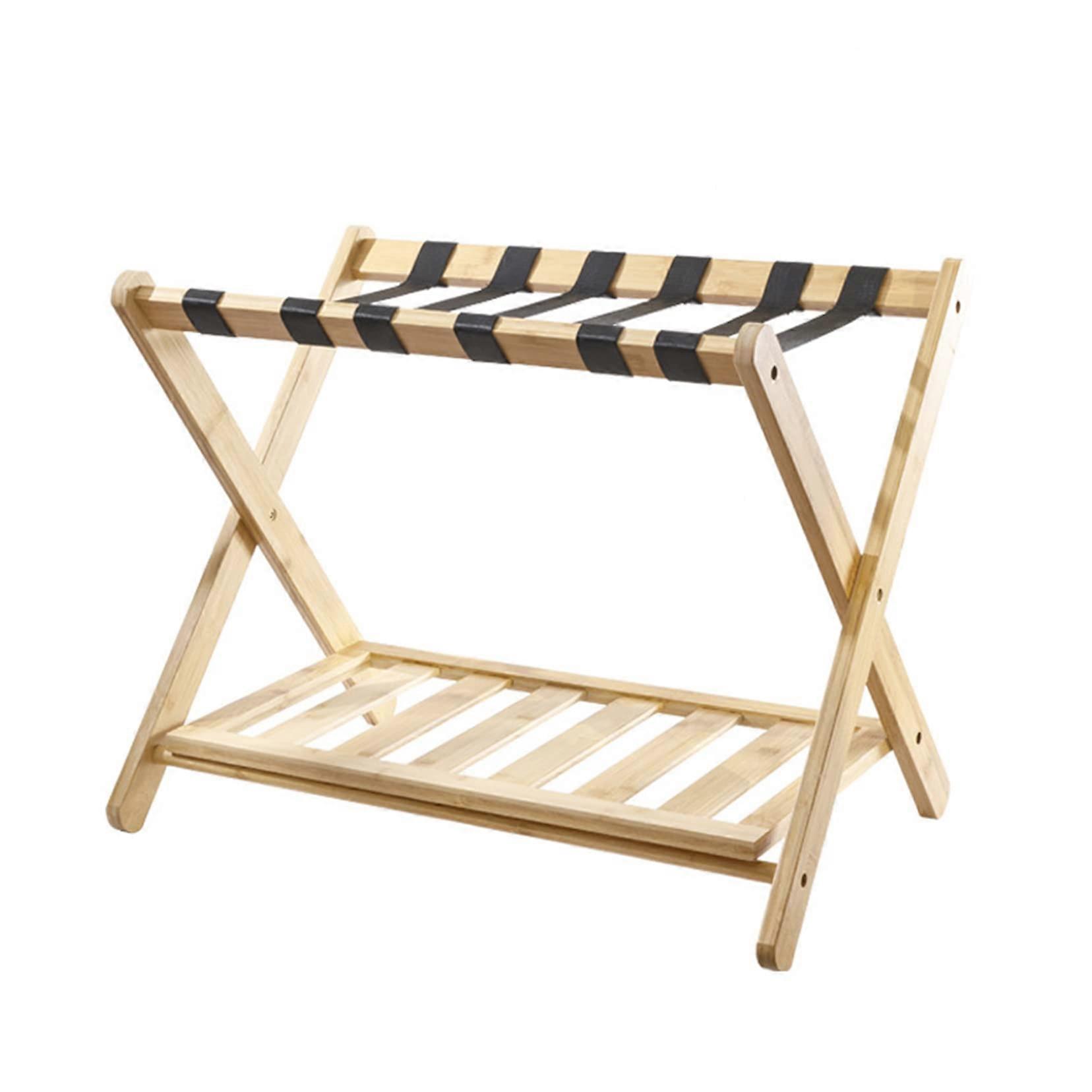 Folding Luggage Rack with Bottom Shelf, Collapsible Luggage Rack for Guest Room with 6 Black Nylon Straps