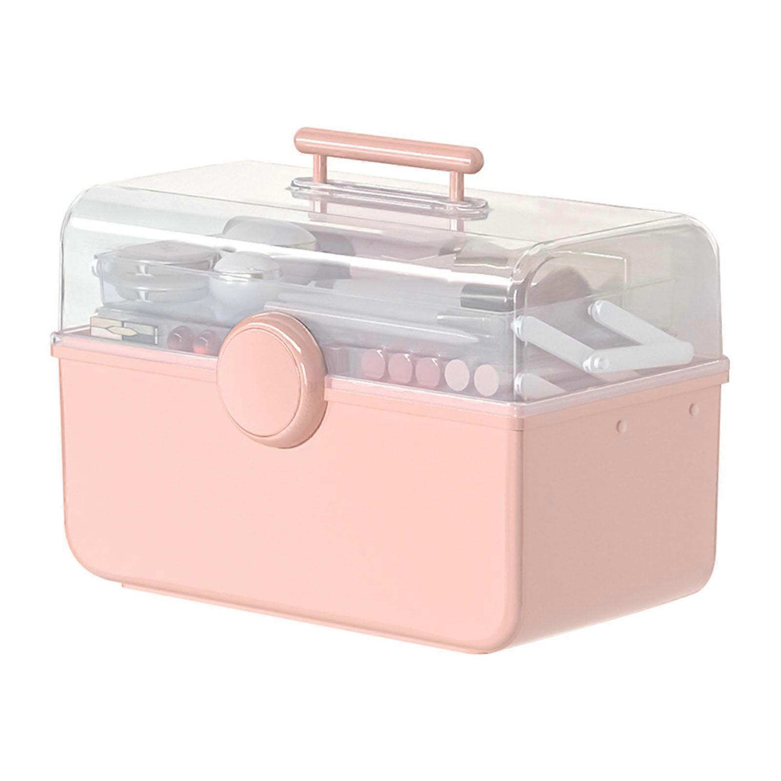Desktop Makeup Box Transparent Plastic Dustproof High Capacity Handheld Portable Storage Box L Pink