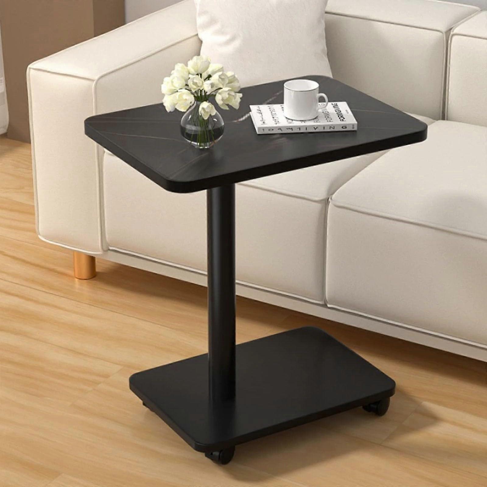 Cshaped side table with wheels, can be pushed under couch, black