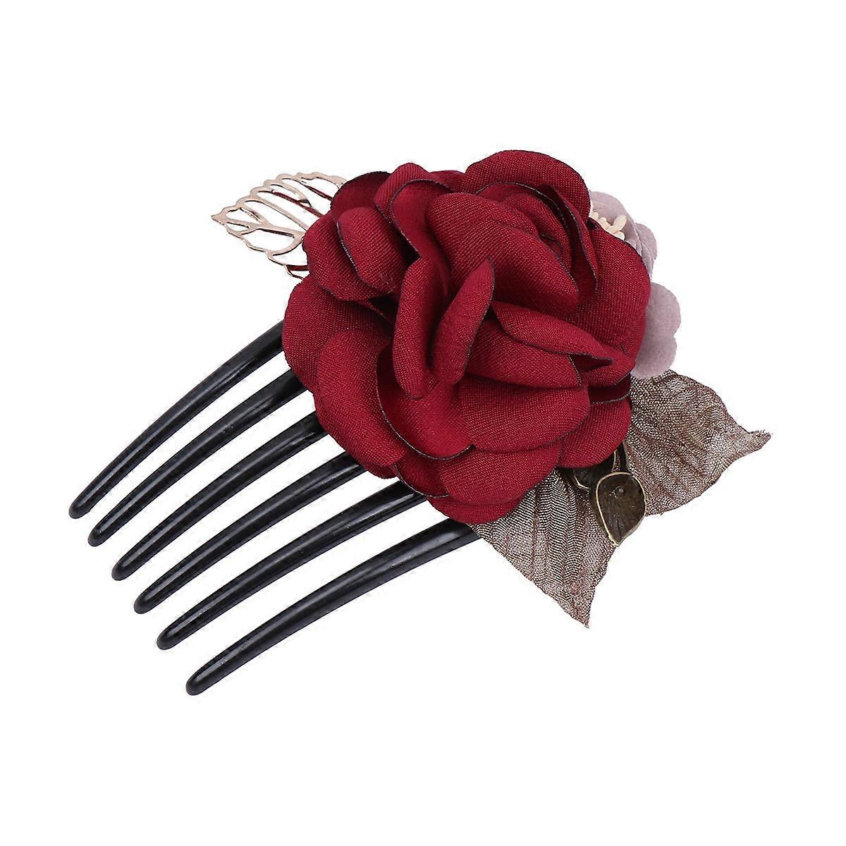 Retro Hairpins Flower Shaped Hair Insert Comb Wedding Party Prom Elegant Design Wine Red 1Set