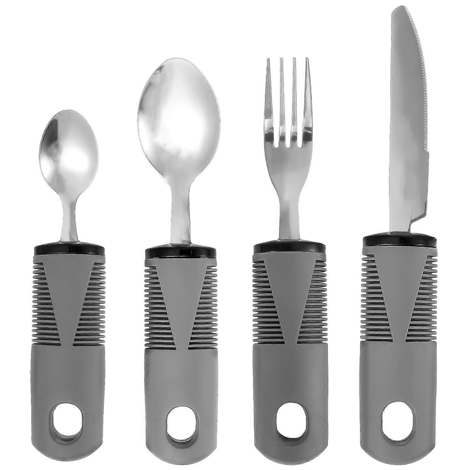 Adaptive Utensils Set with Safe Angle Design, Easy Grip, 4 Gray Kitchen Tools for Limited Mobility Users