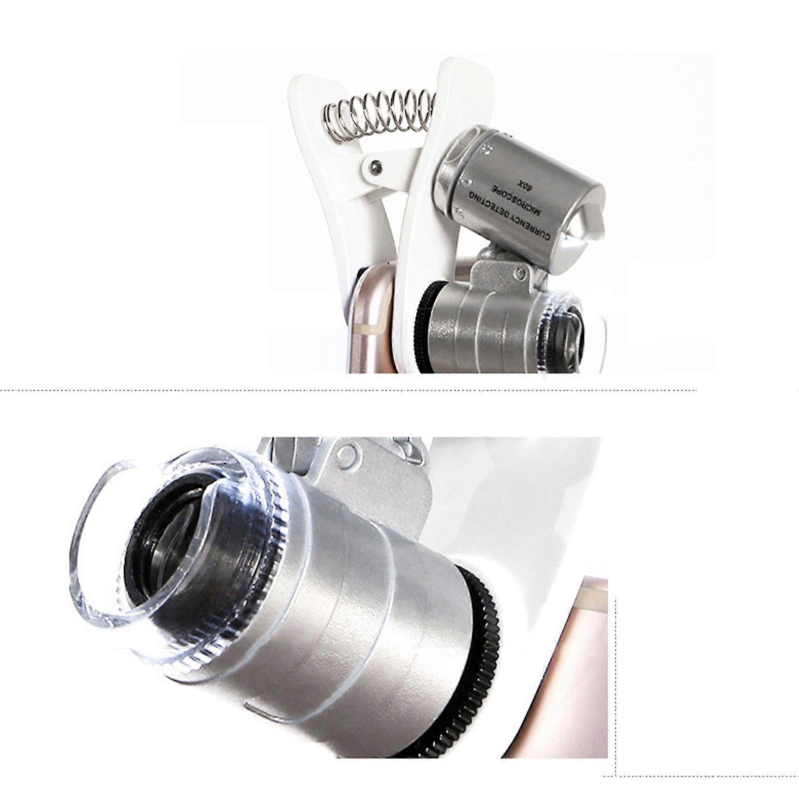 60X Cell Phone Clip On Microscope Portable HD Phone Clip On Microscope Magnifier with 2 LEDs for Banknote Verification 