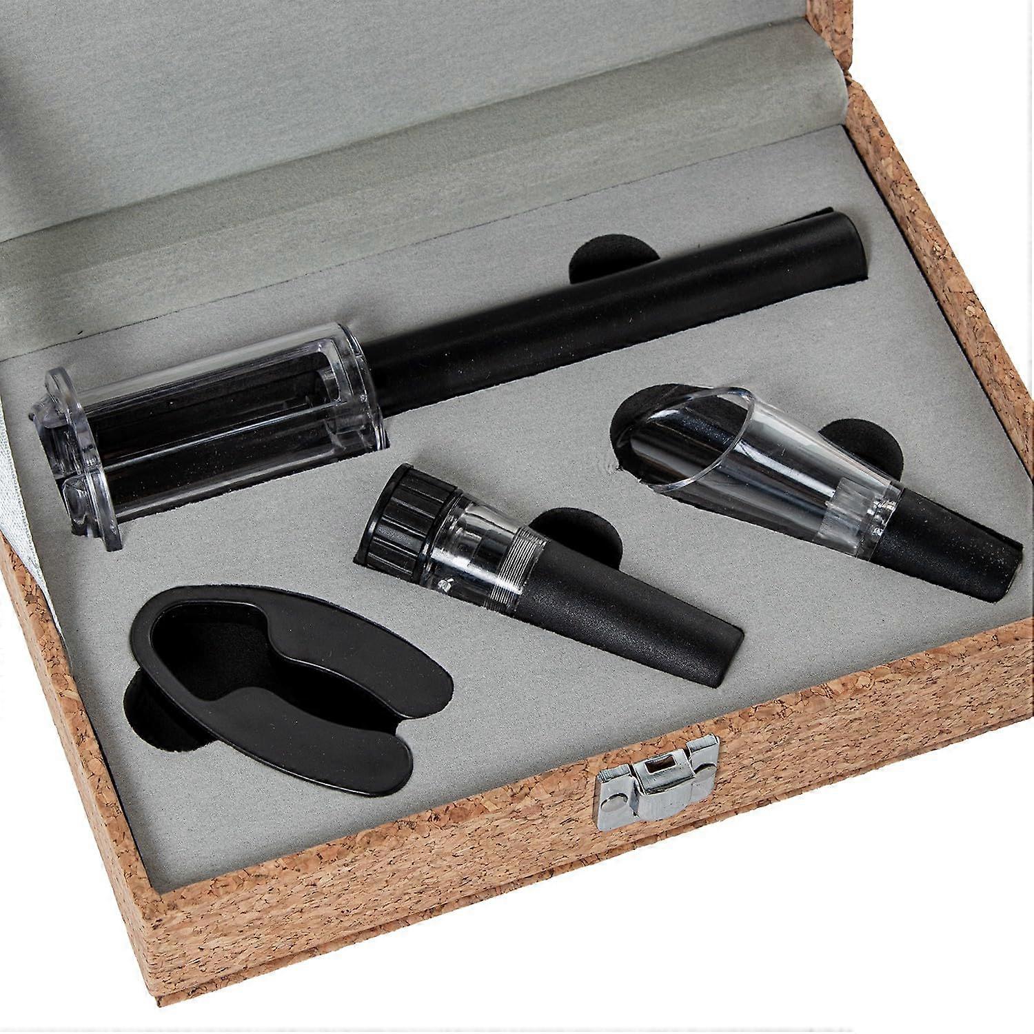 Set of 4 wine accessories in a cork box in beige and black, 22.5 x 15 x 6.5 cm