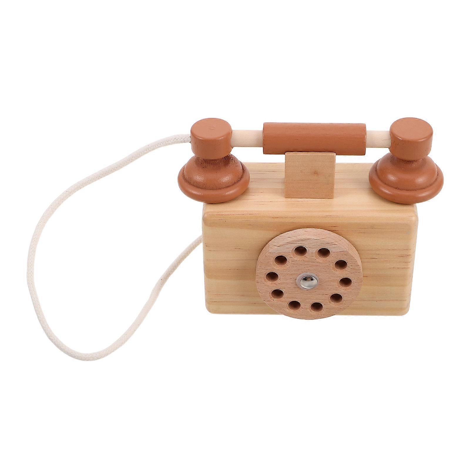 Kids Rotary Phone Toy Vintage Design Retro Telephone Interactive Playtime Wood 1Set