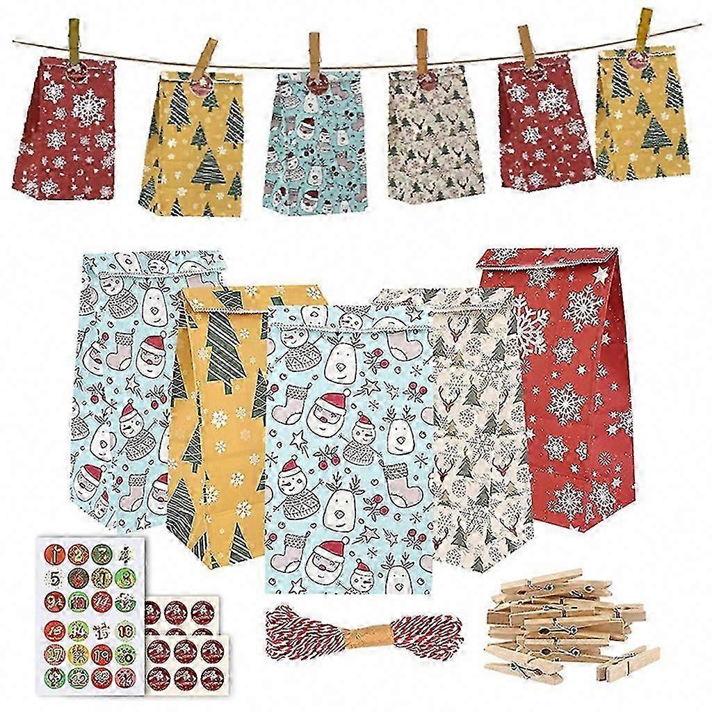Advent Calendar Hanging Bags 24 Days Christmas Element Candy Bags with Countdown Calendar Numbers Candy Gift Bag
