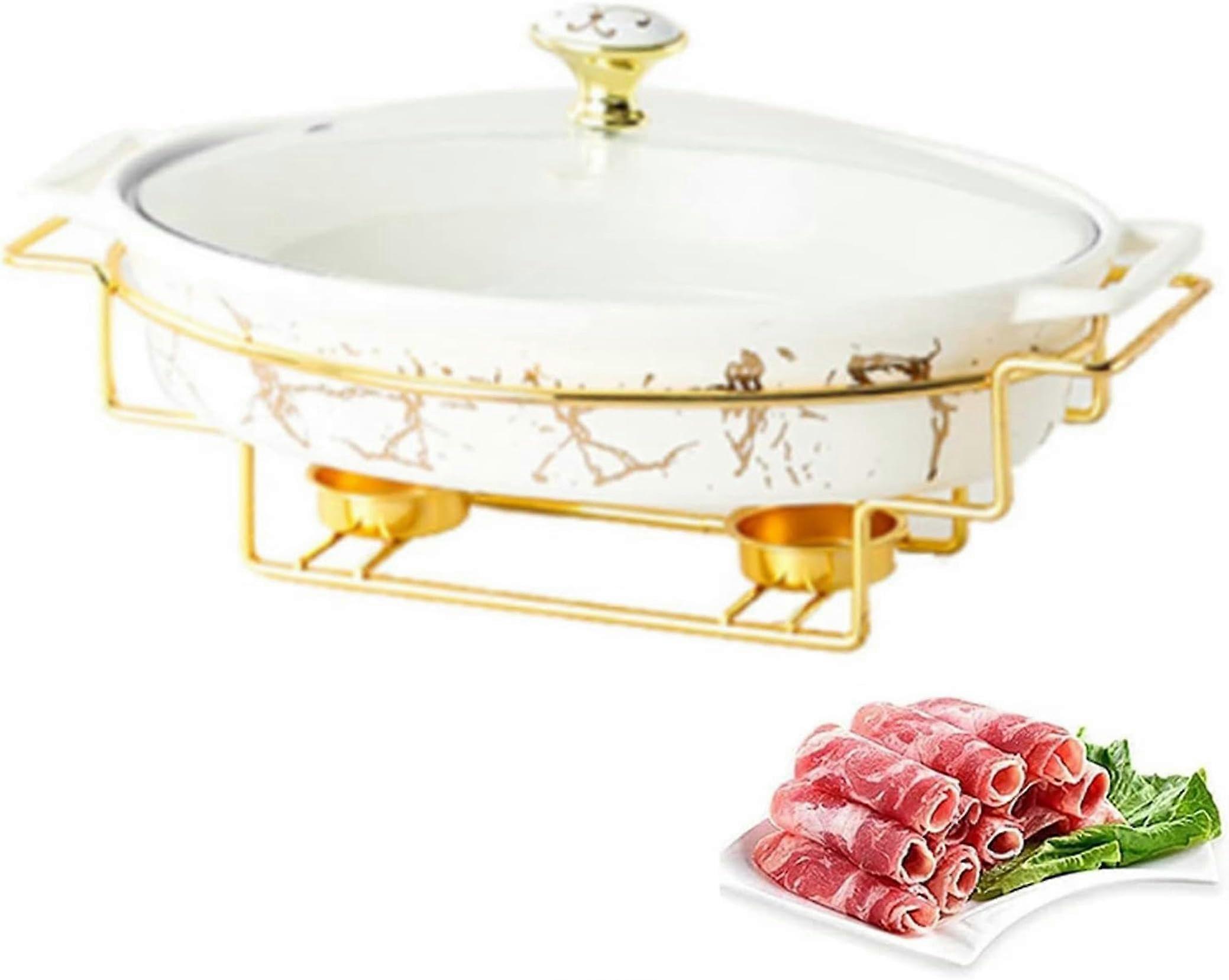 Ceramic Chafing Dish Buffet Set with Marble Imitation, Glass Lid, Fuel Holders