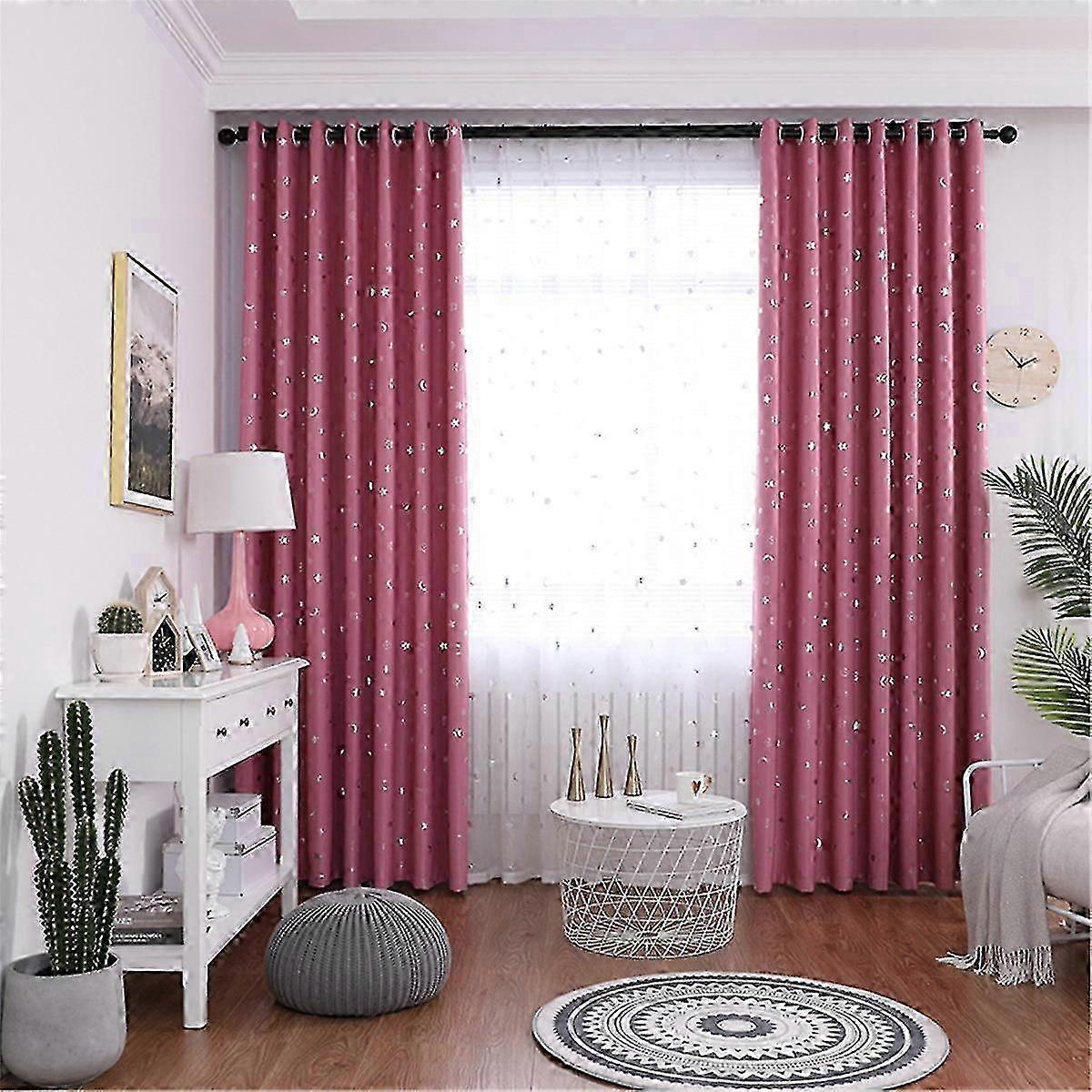 2025 1pc Smiley Star Moon Blackout Fabric Perforated Curtain - Pink - 100*250cm
