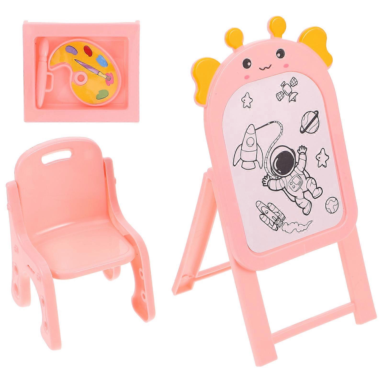Cute Pretend Play Chair Set with Miniature Dollhouse Easel and Accessories for Decoration Multi Plastic