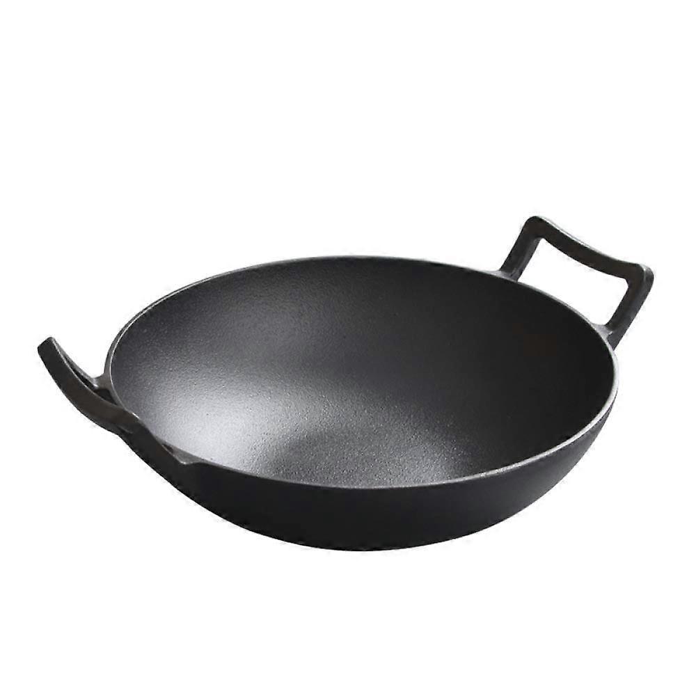 Cast Iron Wok Pan, DoubleEar, Uncoated, 36cm, Gas Cooker Compatible, Flat Bottom, Thickened OldFashioned