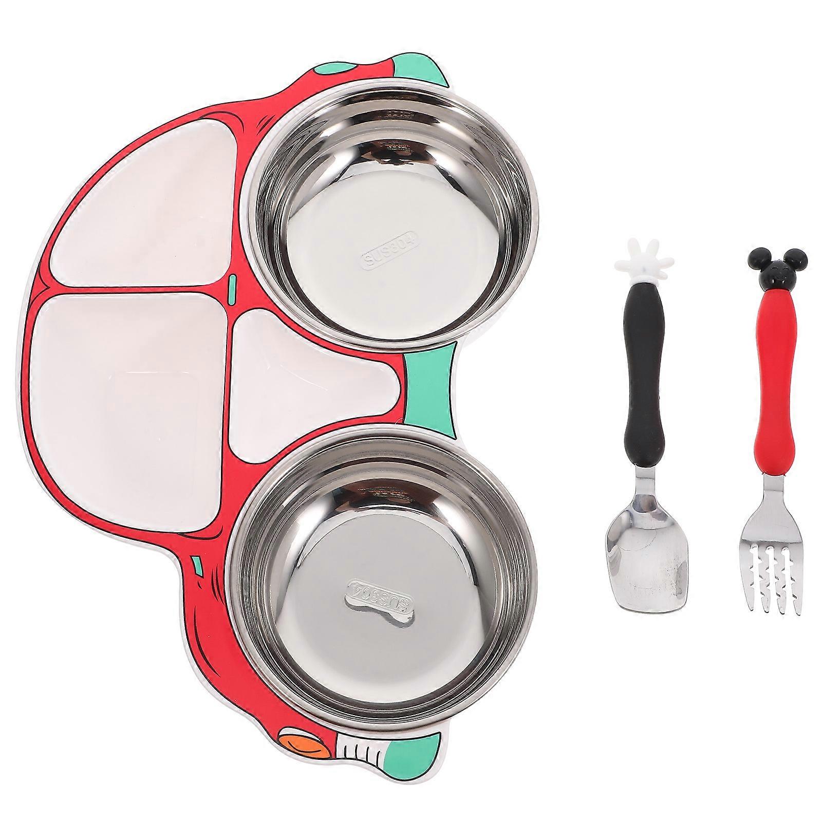 Child Feeding Plate Cartoon Car Design with Fork Spoon 2Sets