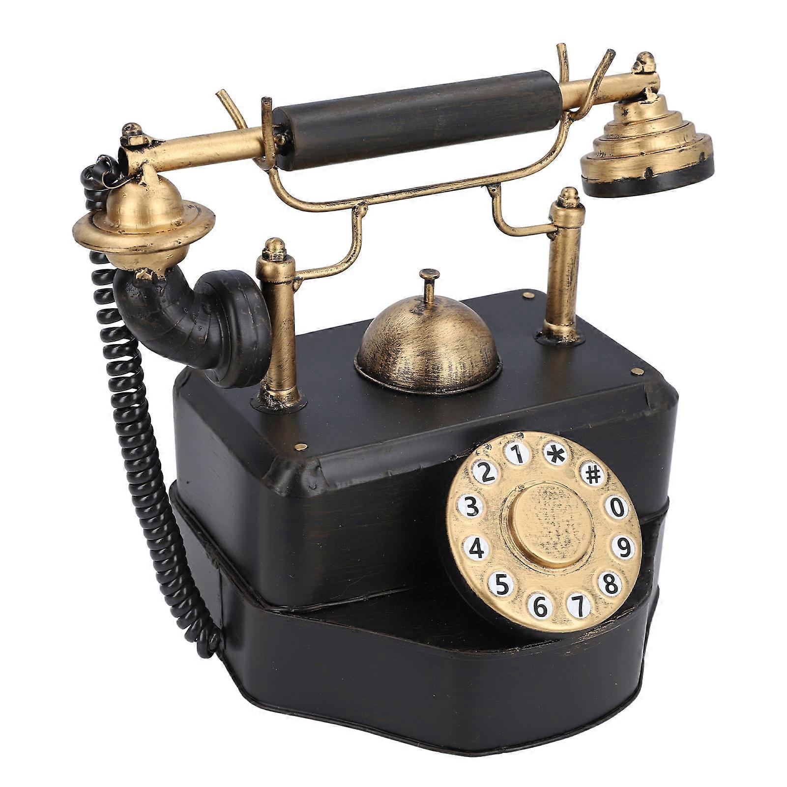 Antique Phone Model Iron Retro Vintage Corded Rotating Dial Telephone Model Tabletop Ornament for Home Cafe Bar Hotel Decor 