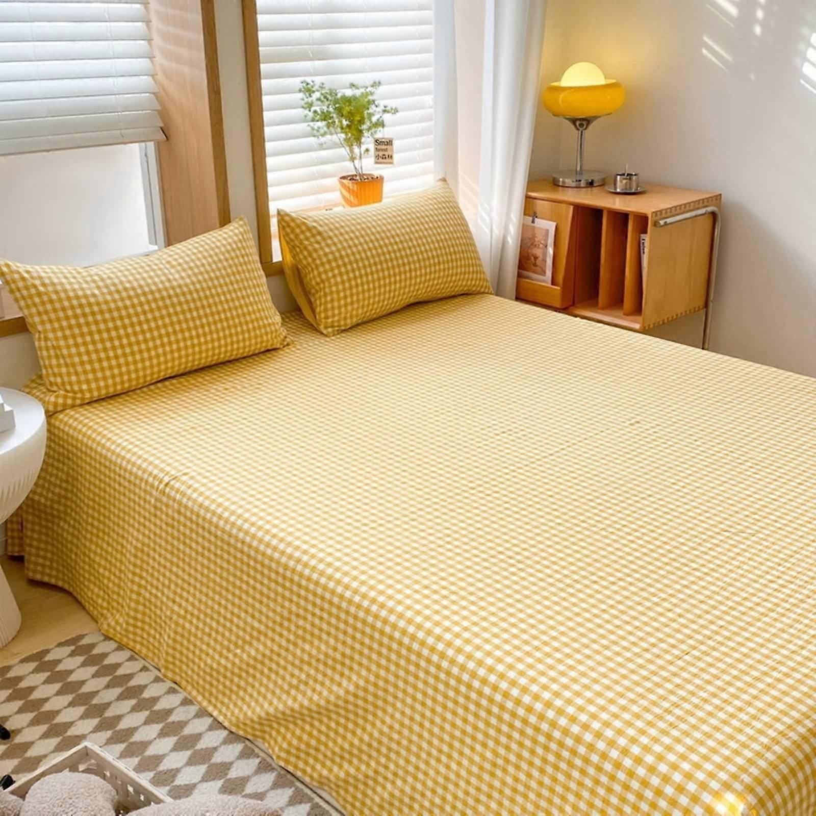 Yellow Bed Sheets Cotton Lattice Pattern Flat Sheet Easy Care 71 x 91 Inches 1 Piece