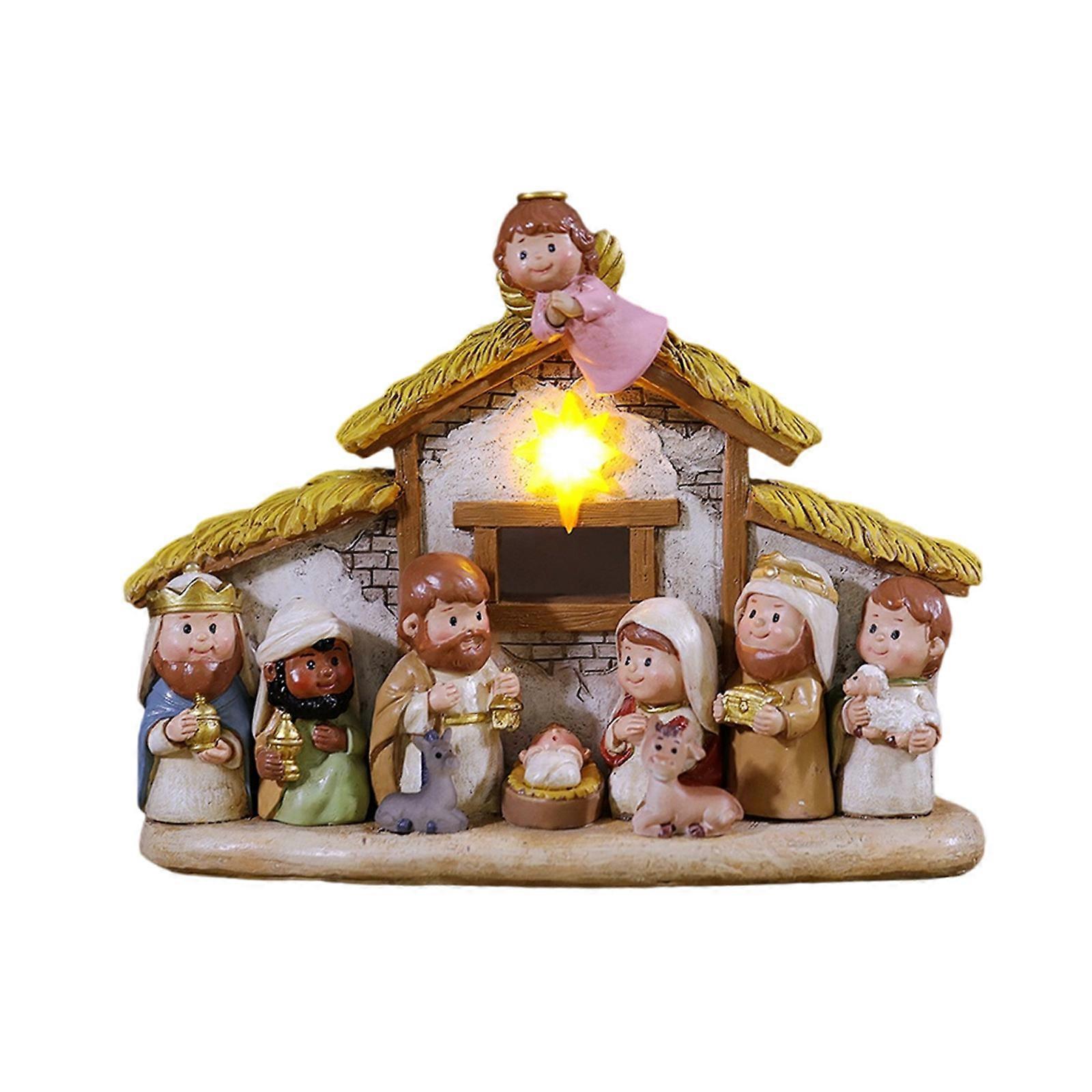 Miniature Nativity Playsets for Christmas Resin Figures Nativity Scene with LED Light Indoor Christian Faith Display Multicolor