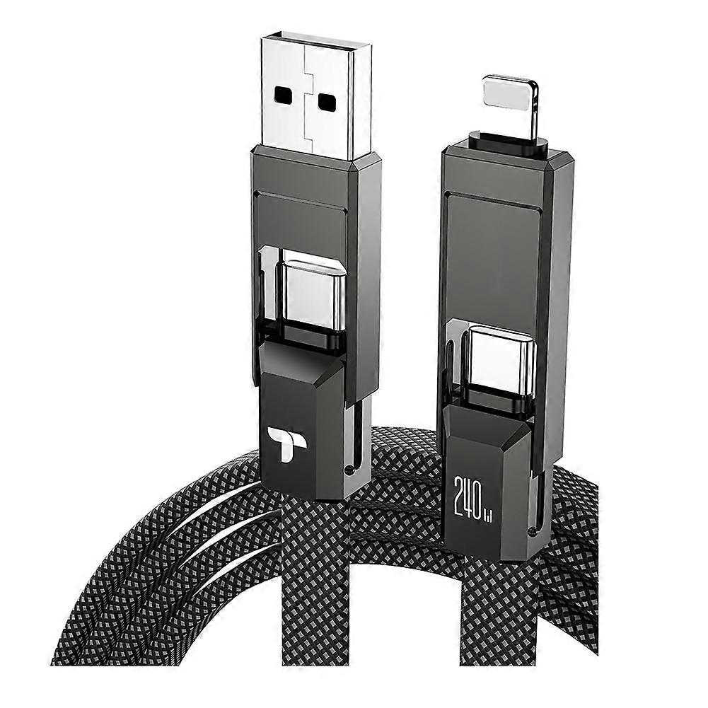 4-in-1 Fast Charging 240W Flat Nylon Braided Cable for IPhone IPad Multi-Charge Wire with IOS/Type C/USB A Port