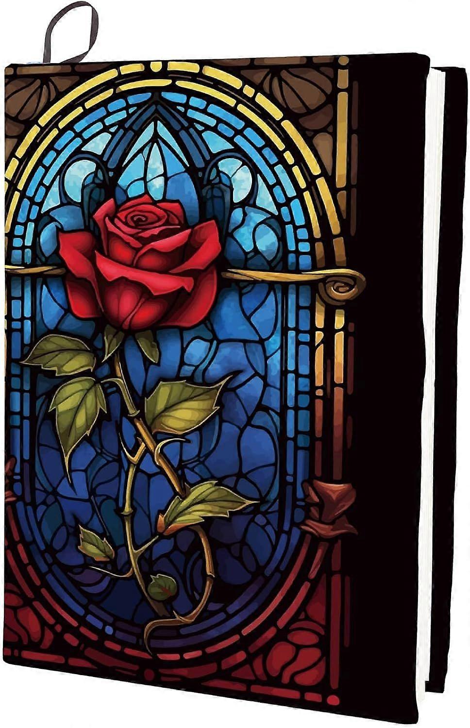 Gothic Style Book Cover Coloured Glass Rose Durable Study Accessory Stretchable Elastic Notebook Polyester Sleeve Protector Reusable Washable for Pape