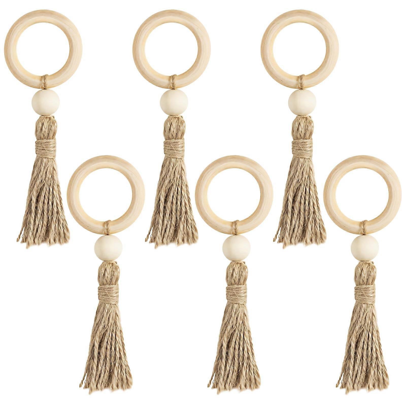 Wooden Napkin Rings Set of 6 with Jute Tassels, Rustic Boho Table Decor for Wedding and Party