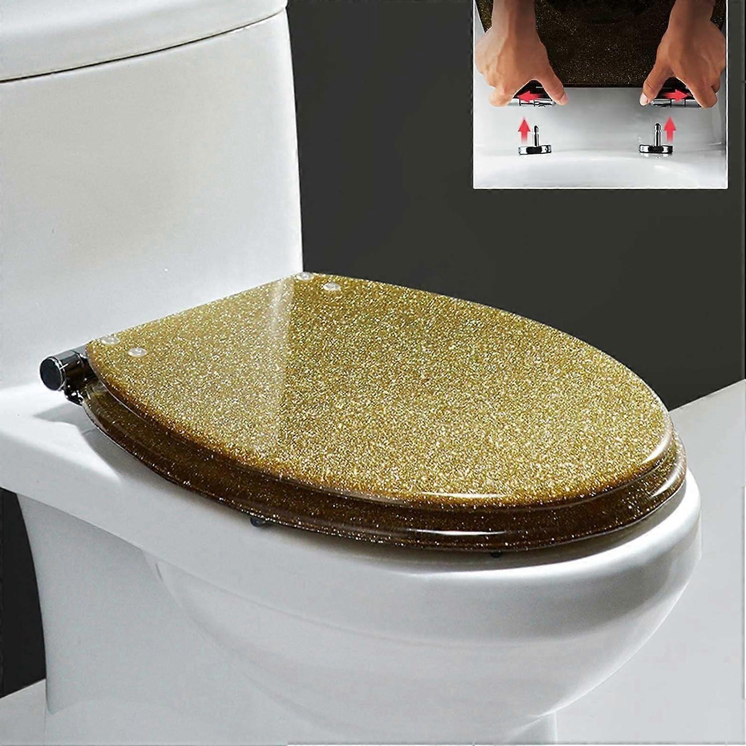 Gold Glitter Oval Soft Close Resin Toilet Seat with Quick Release Hinges and Easy Clean Design