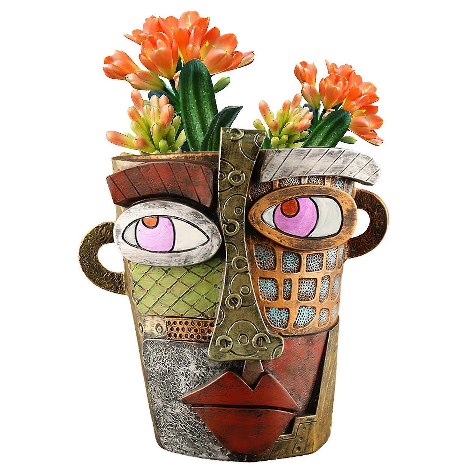 Abstract Face Planter Pot with Artistic Design and Drainage, Colorful Head Flower Pot for Home and Garden