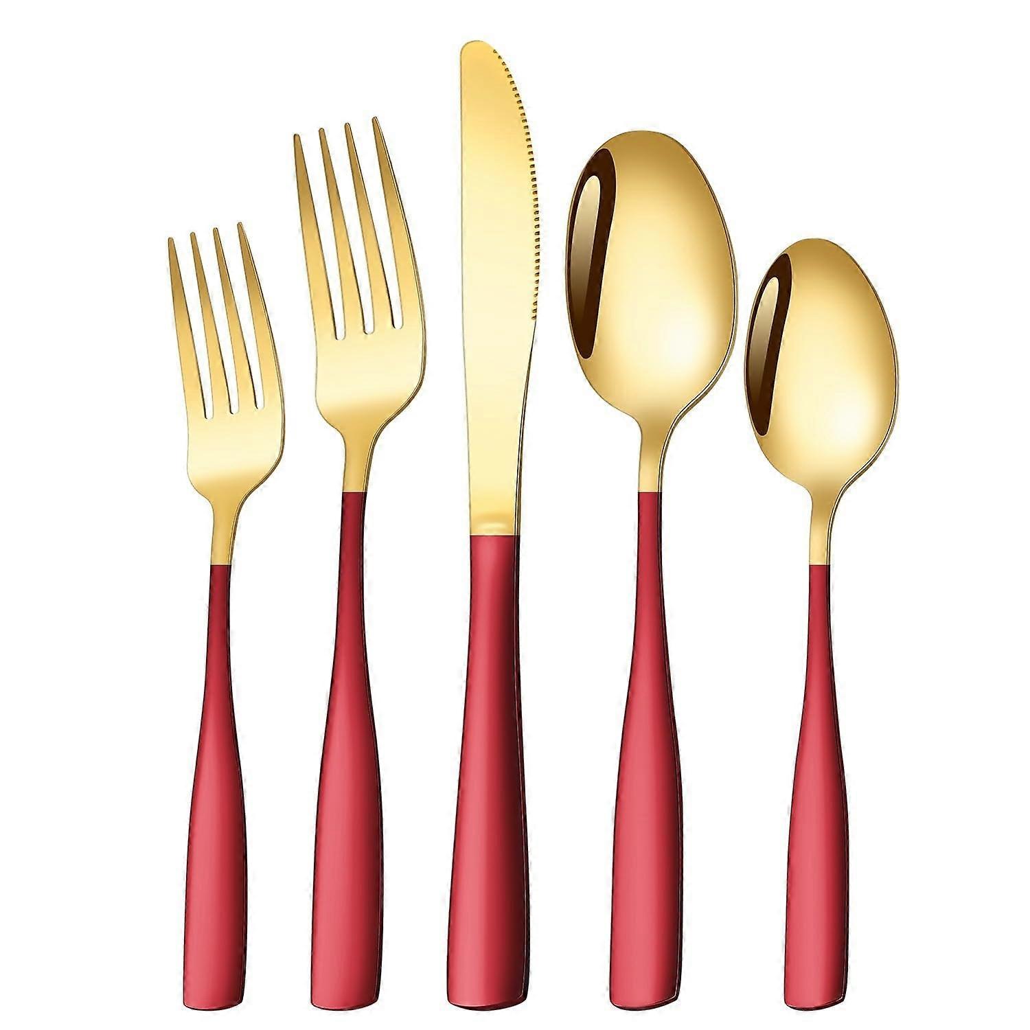 30 Piece Stainless Steel Flatware Set Red Gold, Mirror Polished Square Handle Cutlery for 6