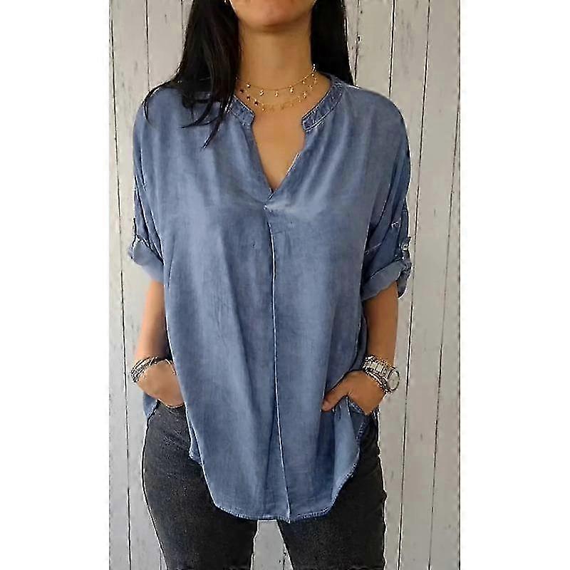 Plus Size V Neck Blouse for Women with Irregular Cut and Fivequarter Sleeves Solid Color