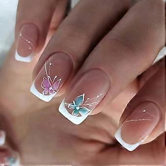 Brown Press On Nails Short Squoval French Tip Animal Print Glossy False Nails 24pcs